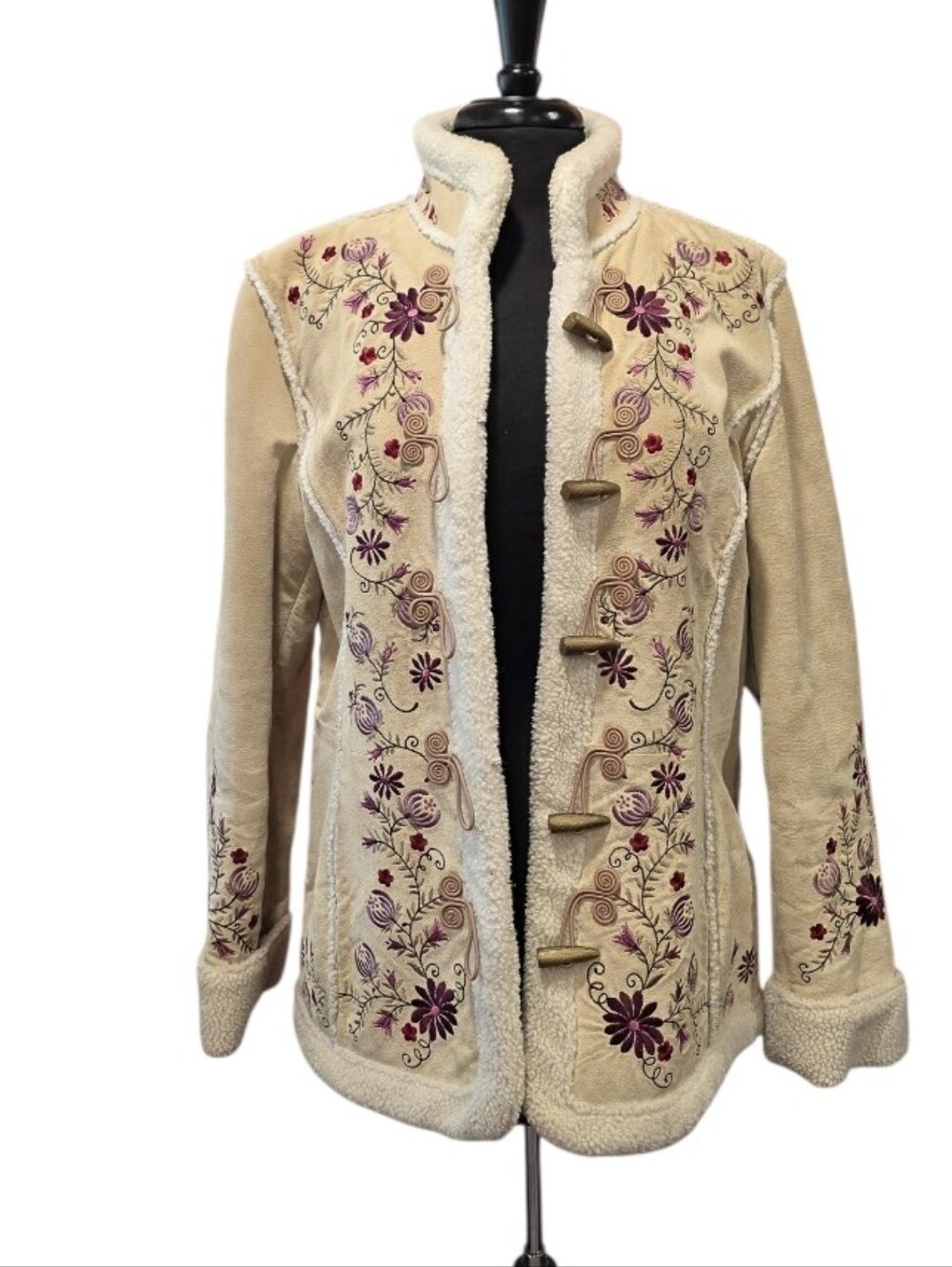 St. John's Bay Cream Teddy Jacket with Purple Floral Embroidery